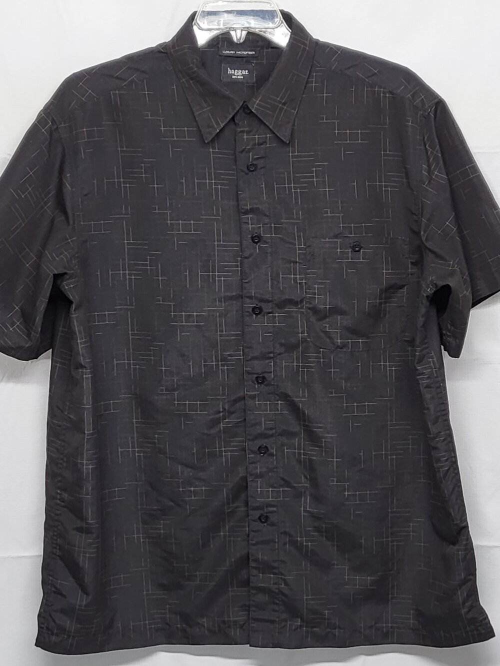 Haggar Luxury Microfiber Button Up Shirt Mens XL Short Sleeve Geometric Black